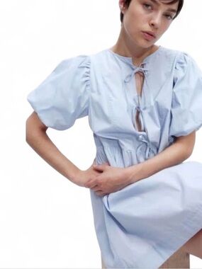 DIVIDED 100% Cotton Tie Detail Puff Sleeve Mini Dress Light Blue Size Small